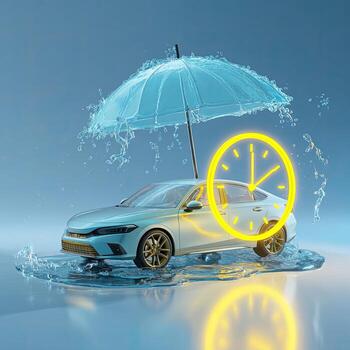 A light-blue car is submerged in water, protected by a clear umbrella, and a glowing yellow clock is nearby photo