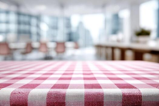 Pink checkered tablecloth on a table, blurred office background photo