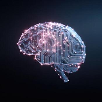 Digital brain, circuit board design, glowing neurons photo