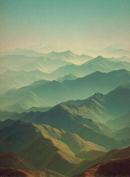 Misty mountain ranges stretching into the pale sky. A vast panorama of pale teal and green peaks, layered in soft tones photo