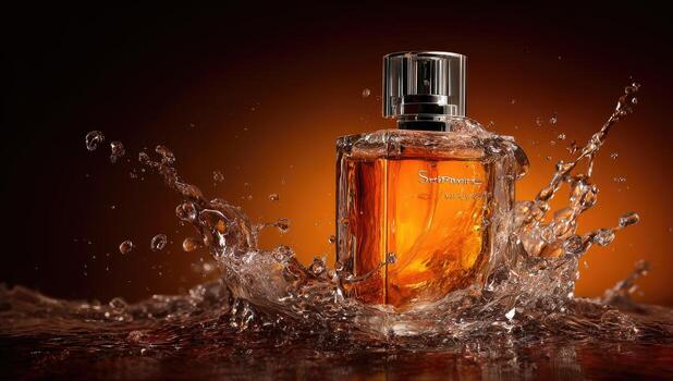 A perfume bottle is surrounded by a water splash, set against an orange and brown gradient photo