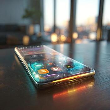 Sleek smartphone with glowing interface on a dark wooden surface, city view in background photo