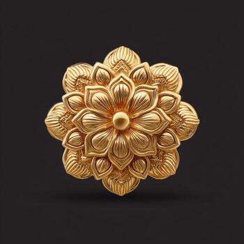 Ornate gold flower-shaped design. A detailed, symmetrical, golden flower motif, centrally placed against a deep black background. Intricate, textured petals radiate outwards from a central, raised, circular element. Rich, golden hue. High-resolution i photo