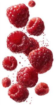 Fresh raspberries, vibrant red, in mid-air, scattered photo