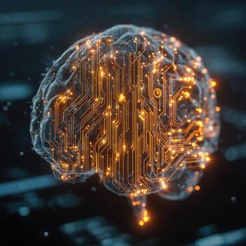 A sphere-shaped brain, rendered in 3D, is overlaid with glowing golden circuit board pathways photo