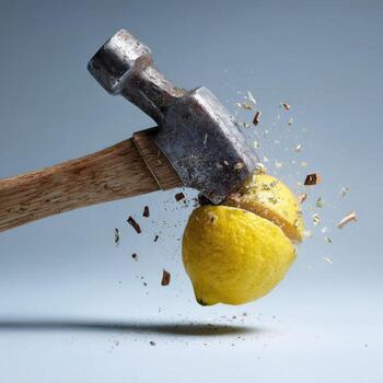 A hammer forcefully impacts a halved lemon, causing explosive disintegration photo