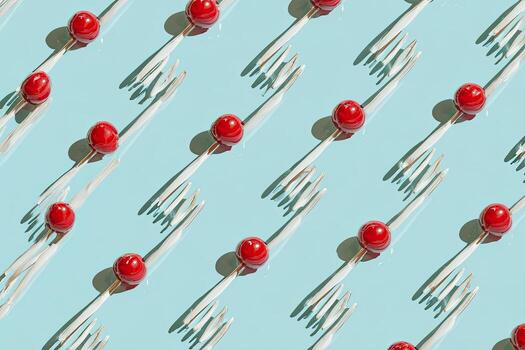 Pattern of white forks holding red, spherical treats against a light blue backdrop, casting shadows photo