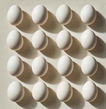 Overhead shot of sixteen white eggs in a grid formation, casting shadows on a cream-colored surface photo