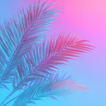 Palm fronds with neon blue and pink hues against a gradient backdrop photo