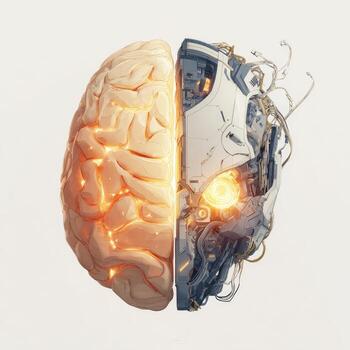 Half-human, half-machine brain, glowing photo