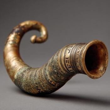 Ornate, curved, brass-like horn, possibly ceremonial. Decorative bands encircle the horn, featuring inscribed text. Object displayed on a neutral background photo