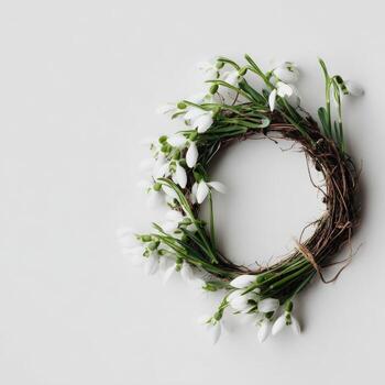 A small, delicate wreath of white spring flowers and greenery, tied with string, on white photo