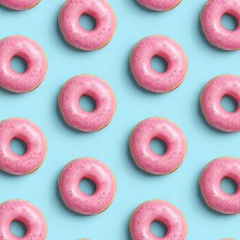 Pattern of frosted pink donuts on a bright blue background. Evenly spaced, overhead view photo