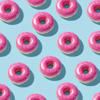 Overhead shot of a repeating pattern of pink glazed donuts on a light blue background photo