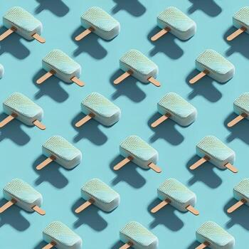 Grid of identical ice pops casting long shadows on a light blue surface, creating a repeating pattern photo