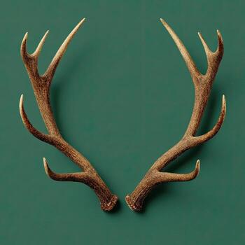Pair of deer antlers on a dark teal background, symmetrical and centered photo