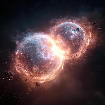 Two planets colliding in space, a fiery cosmic crash. Vast plumes of glowing gas and debris surround the fractured orbs photo