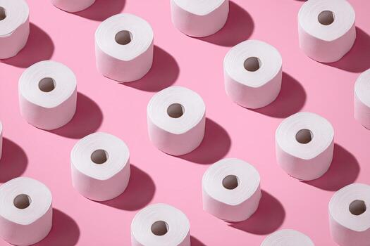 Overhead view of arranged rolls of white paper against a vibrant pink backdrop with shadows photo