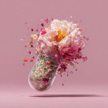 A transparent capsule, filled with vibrant floral pieces, explodes with petals photo