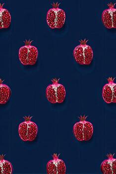 rebanado granadas, arreglado en un red, en un profundo azul fondo, plano laico ver foto