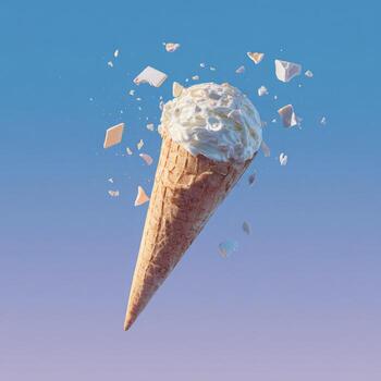 A close-up of a floating ice cream cone with shattered, rectangular pieces and a gradient sky photo