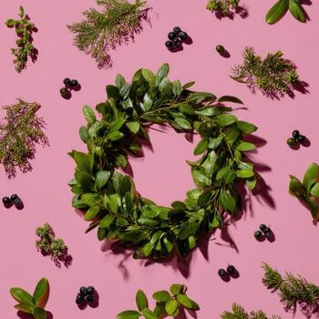 A verdant wreath surrounded by sprigs and berries, arranged on a vibrant pink background photo