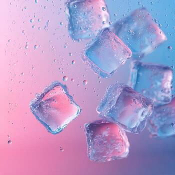 Cubed ice against a gradient backdrop of pink and blue with water droplets photo