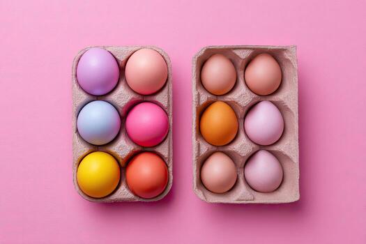 Two cartons of vibrantly colored eggs rest against a pink background, creating a visually appealing arrangement photo