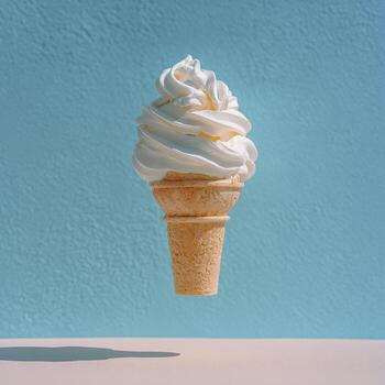 Soft-serve ice cream cone, levitating against a pale blue and off-white background photo