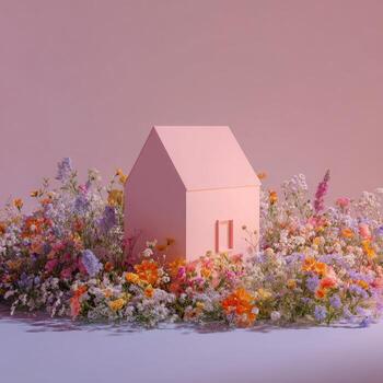 A pink house is nestled in colorful flowers, against a gradient backdrop of pinks and purples photo