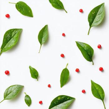Overhead shot of scattered green leaves and red berries on a white background photo