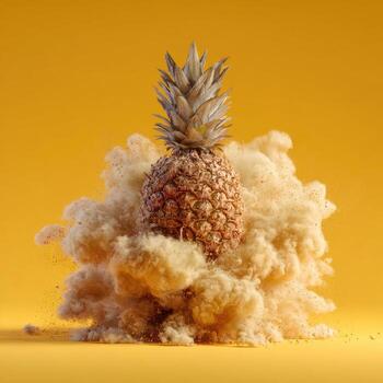 un todo piña rodeado por un como una nube explosión en contra un amarillo fondo foto
