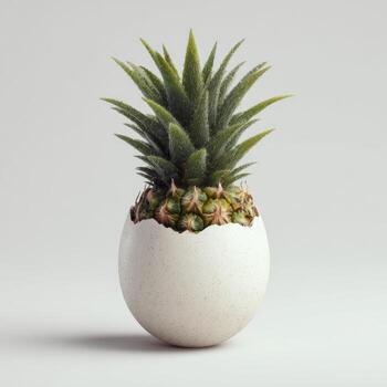 A pineapple top sprouts from a cracked eggshell, against a plain white background photo
