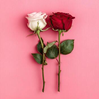 Two roses, one white and one red, stand upright against a solid pink background photo