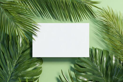 A blank white rectangle centered on a pastel green backdrop with green tropical foliage framing it photo