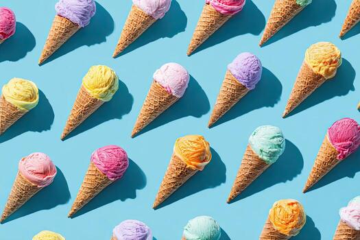 Rows of vibrant, colorful ice cream cones cast distinct shadows on a bright blue backdrop photo