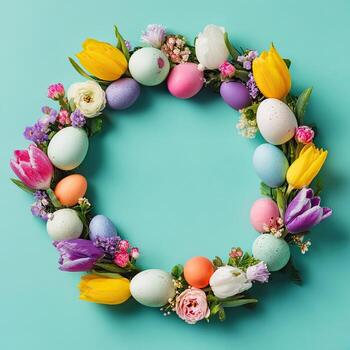 A vibrant Easter wreath crafted with colorful eggs and flowers on a teal background photo