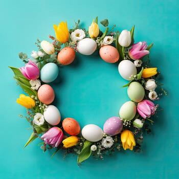 A vibrant Easter wreath with colored eggs and tulips arranged in a circle, teal background photo