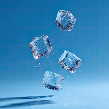 cuatro claro hielo cubitos Aparecer suspendido aire en contra un textura de cuadrícula azul antecedentes foto