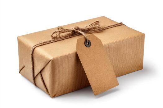 A rectangular parcel wrapped in brown paper, tied with twine, and bearing a blank tag photo