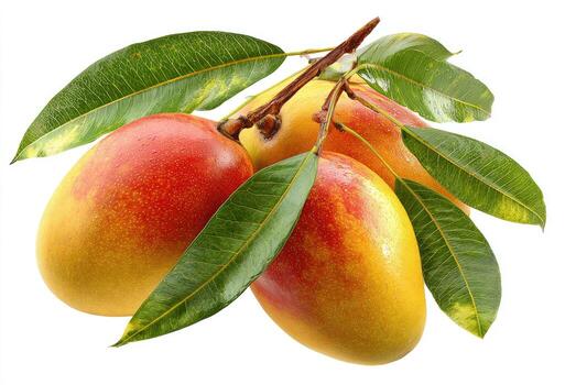 Cluster of ripe, red-yellow mangoes with green leaves on a branch, white background photo