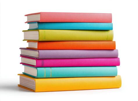A stack of colorful books, spines and edges visible, isolated on white background photo