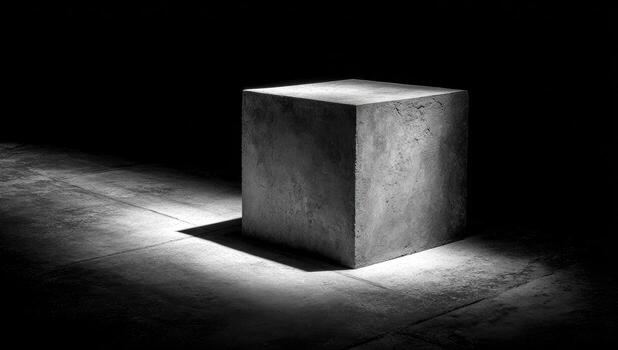 monocromo cuadrado pedestal, dramáticamente iluminado desde el Superior izquierda en un vago, hormigón espacio foto