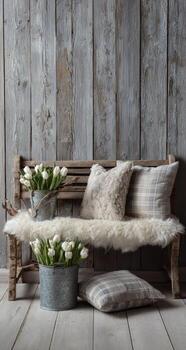 Rustic bench adorned with cushions, fur, and white tulips, set against wood paneling photo