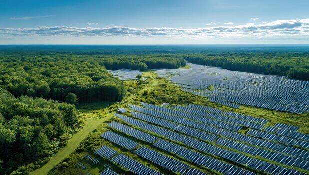 aéreo ver demostración solar paneles en un campo siguiente a bosque debajo un brillante azul cielo foto