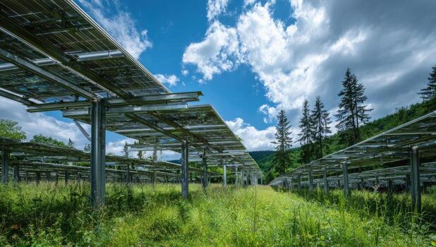 Array of solar panels in a field beneath a cloudy sky, with trees on a hillside photo
