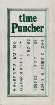 A vintage time card with green text and numbers arranged in columns and rows photo