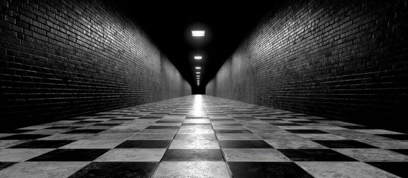 A black and white image shows a long corridor with brick walls, checkered floor, and ceiling lights photo