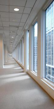 Long, bright office corridor with a carpeted floor and large windows overlooking a cityscape photo