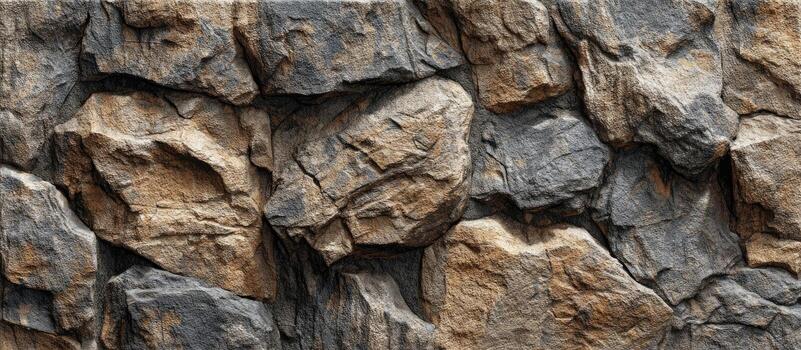 de cerca de un áspero Roca pared textura con variar sombras de gris, marrón, y beige rocas foto